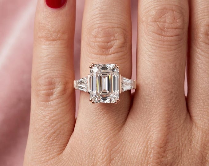 Emerald Cut Lab Grown Diamond Ring, Rose Gold Three Stone Engagement Ring