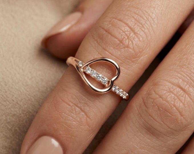 Dainty Heart Ring, Minimalist Heart Ring, Diamond Bar Ring, Open Heart Ring, Gold Promise Ring, Cute Everyday Ring, Gift for Her