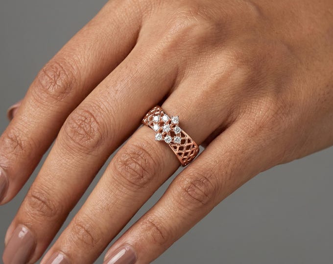 14K Rose Gold Lab Grown Diamond Vintage Filigree Ring, Floral Cluster Wide Band Ring, Antique Style Wedding Band Gift for Her