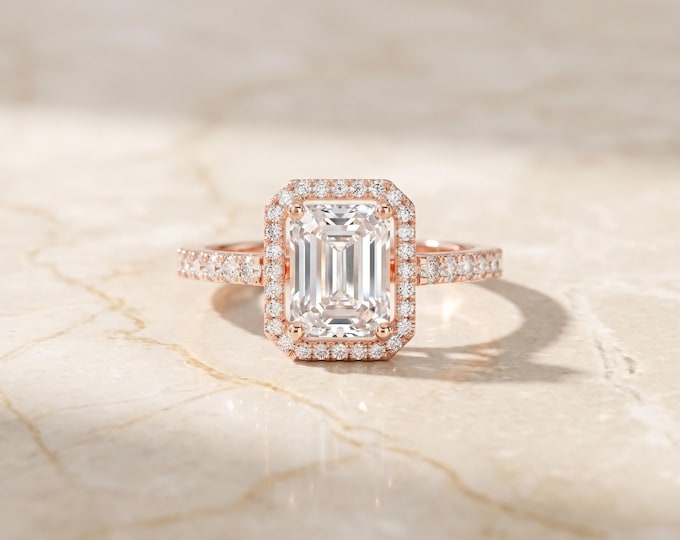 Featured listing image: Radiant Cut Engagement Ring in Rose Gold, Micro Pavé Diamond Halo Setting, Exquisite Bridal Jewelry Proposal Gift, Bespoke Keepsake Band