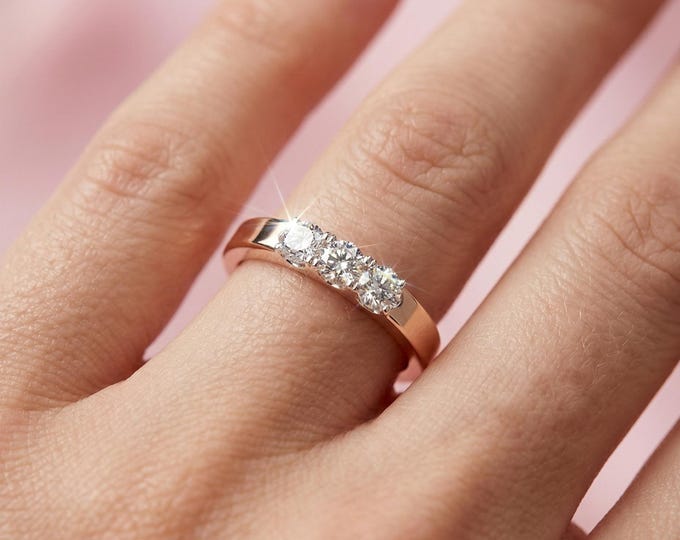 Three Stone Diamond Ring, Trilogy Diamond Ring, Round Cut Diamond Band, Rose Gold Engagement Ring, Minimal Bridal Ring for Women