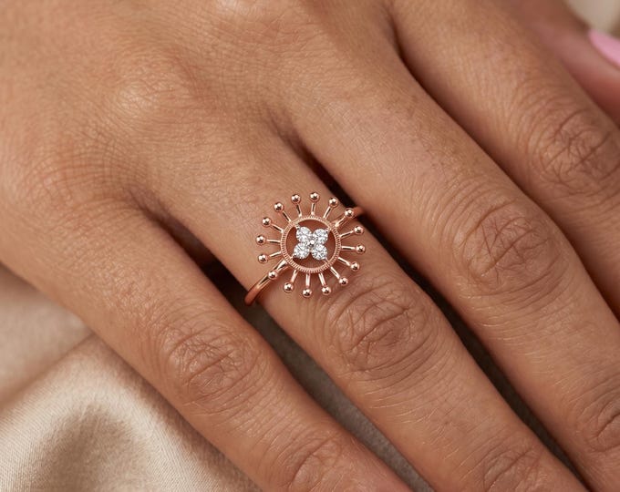 10K Rose Gold Lab Grown Diamond Sunburst Ring, Floral Cluster Statement Ring, Unique Dainty Gift Jewelry for Women Elegant Style