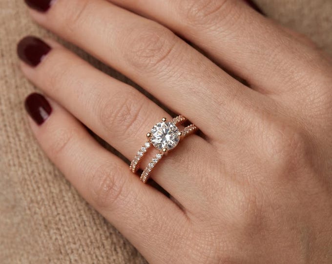 Lab Grown Diamond Split Shank Engagement Ring, 14K Gold Crossover Pave Band