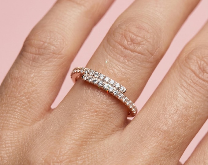 Open Diamond Ring, Wrap Diamond Band, Rose Gold Stackable Ring, Minimalist Diamond Ring, Modern Diamond Band for Women