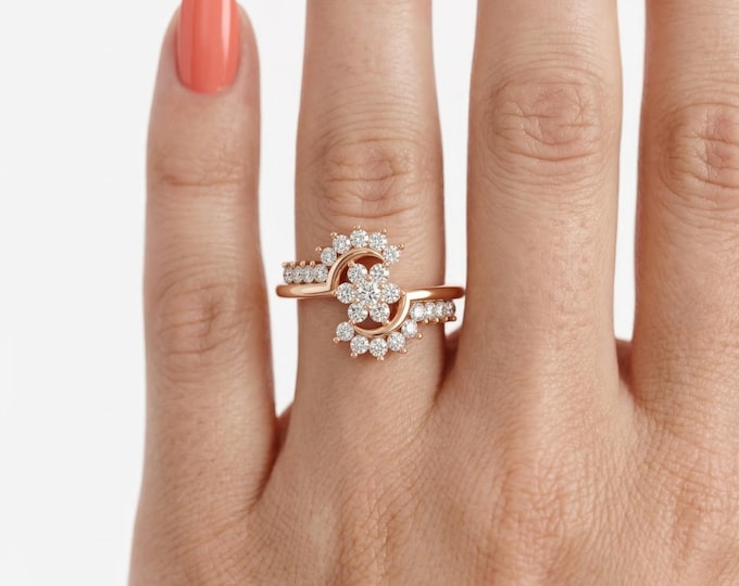 10K 14K 18K Gold & Silver Lab Grown Diamond Floral Ring for Women, Crossover Flower Cluster Ring, Elegant Statement Gift Jewelry