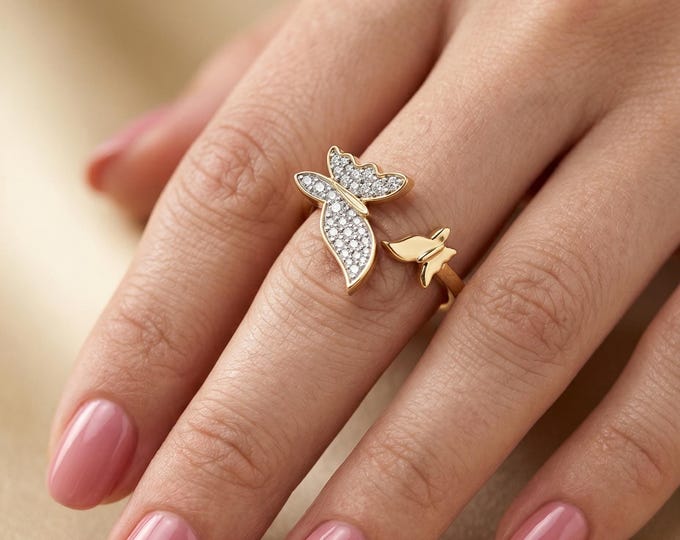 Gold Butterfly Diamond Ring for Women, Open Wrap Adjustable Ring, Minimalist Nature Jewelry, Gift for Her, Anniversary Ring