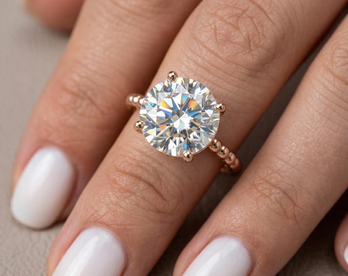 Round Cut Diamond Engagement Ring, Vintage Style Solitaire Ring, Rose Gold Ring, Lab Grown Diamond Ring, Floral Band Ring for Women