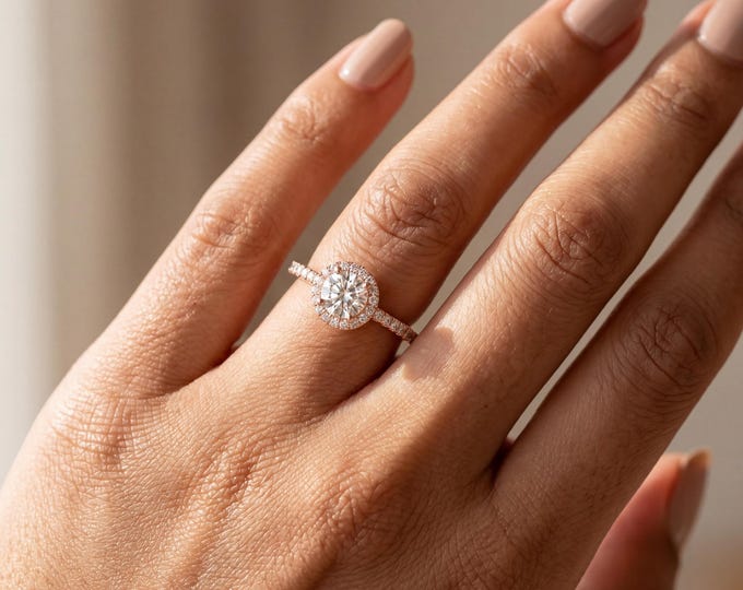 vintage Halo Engagement Ring, Round Cut Center Stone, Pave Band Rose Gold, Bridal Jewelry, Proposal Gift for Her, Minimal Elegant Style