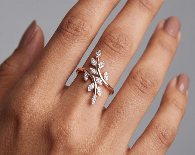 14K Rose Gold Leaf Diamond Ring Marquise Dainty Nature Inspired Ring Minimalist Stackable Band Lab Grown Diamond Gift for Her