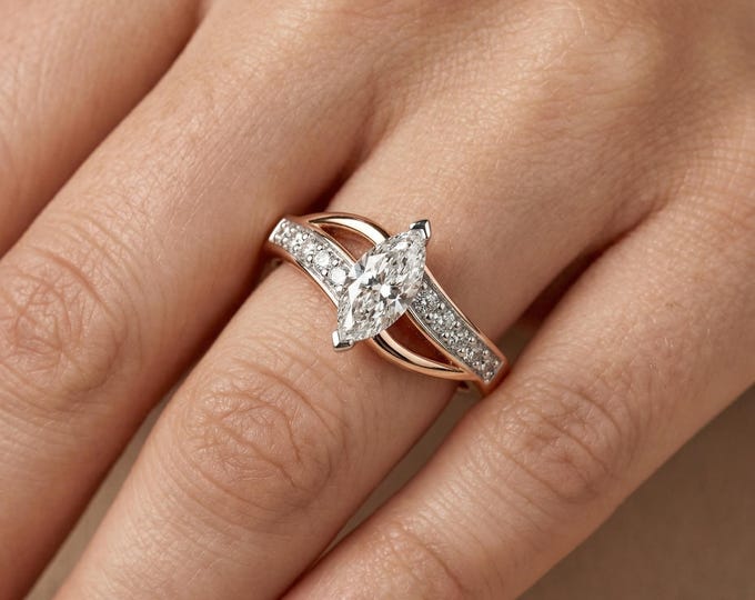 Marquise Cut Lab Grown Diamond Ring 18K Gold, Crossover Pave Engagement Ring, Unique Solitaire Ring for Women