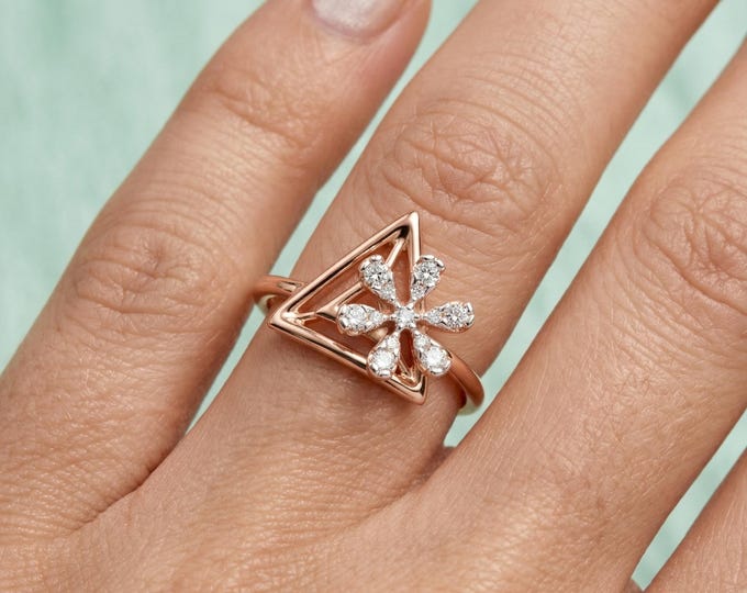 14K Rose Gold Lab Grown Diamond Floral Ring, Geometric Triangle Diamond Ring, Dainty Minimalist Ring, Unique Gift for Women