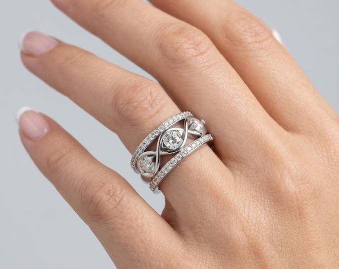 10K 14K 18K Gold Lab Grown Diamond Infinity Ring, Crossover Diamond Band, Multi Stone Statement Ring, Elegant Gift for Women