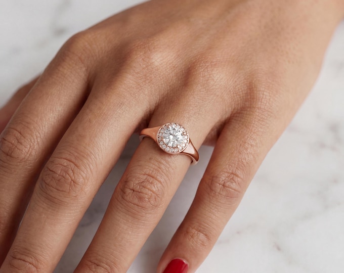 14K Rose Gold Halo Diamond Ring Round Cut Engagement Ring Dainty Bridal Ring Minimalist Lab Grown Diamond Promise Ring Gift