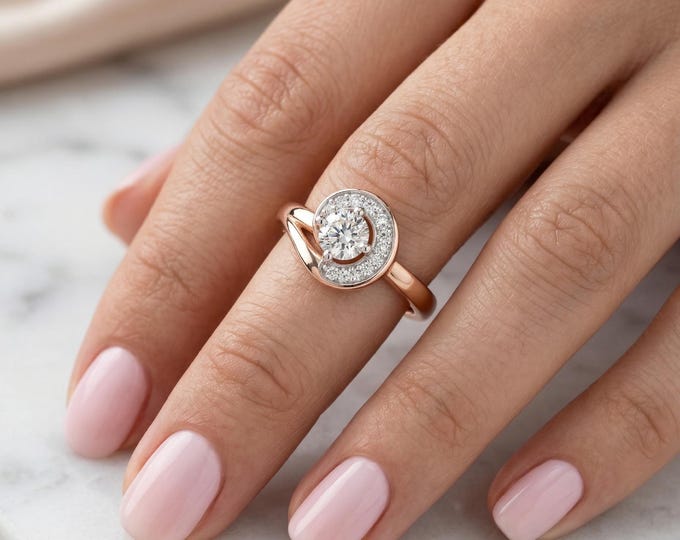 Swirl Halo Lab Grown Diamond Ring 14K Gold, Round Cut Circle Engagement Ring, Minimalist Modern Ring for Women