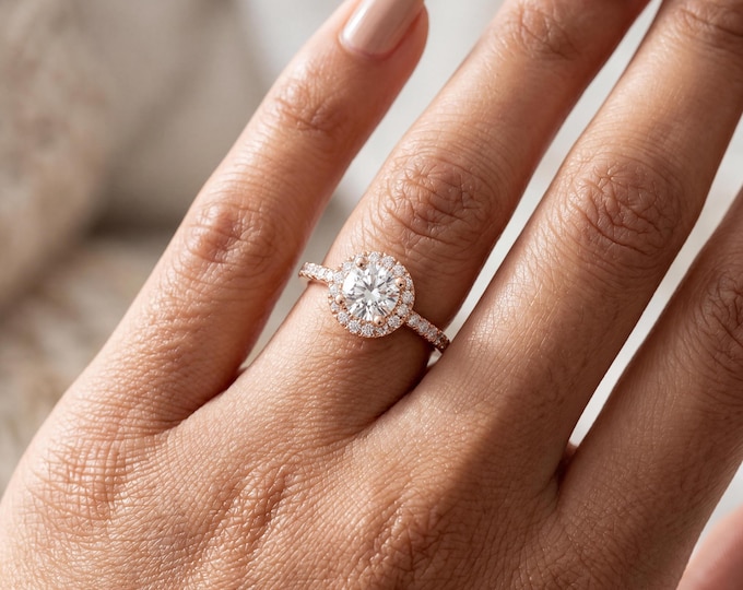 Halo Engagement Ring, Round Cut Center Stone, Pave Band Rose Gold Ring, Bridal Jewelry, Proposal Gift for Her, Minimal Elegant Design