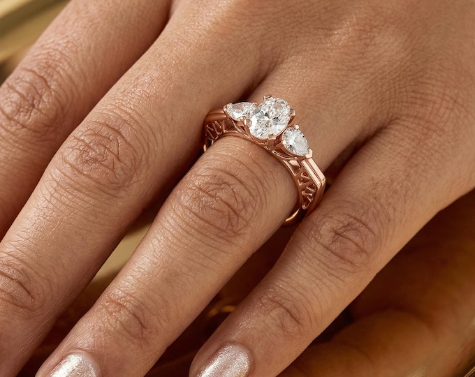 10K 14K 18K Gold & Silver Lab Grown Diamond Three Stone Ring for Women, Oval Center Engagement Ring, Pan Side Diamond Ring