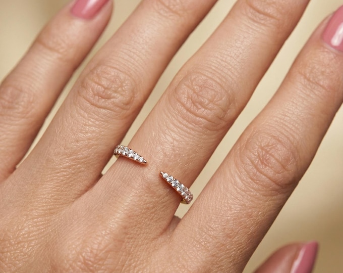 Open Diamond Ring, Bypass Diamond Ring, Minimalist Gold Ring, Dainty Diamond Band, Modern Stackable Ring for Women