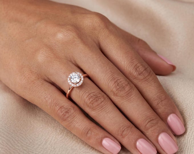 14K Rose Gold Halo Diamond Ring Round Cut Engagement Ring Dainty Minimalist Bridal Ring Lab Grown Diamond Promise Ring Gift Her