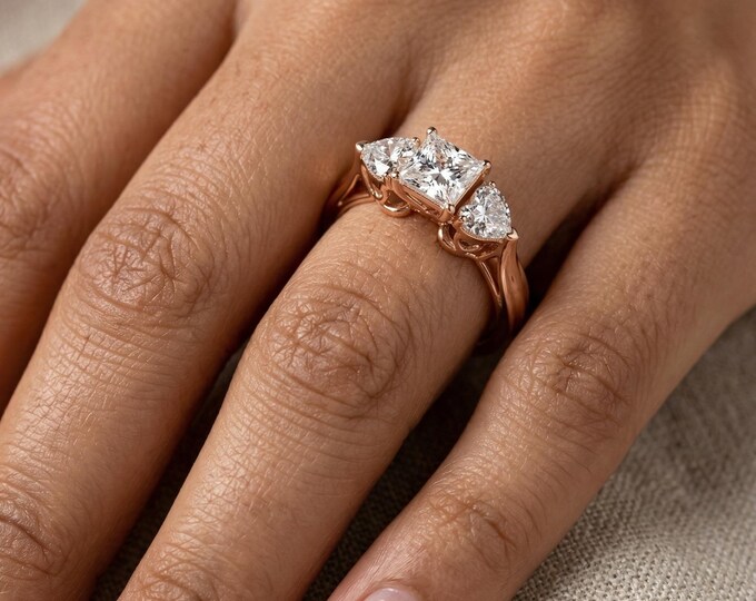 Three Stone Diamond Ring, Princess Cut Center Ring, Pear Shape Side Stones, Rose Gold Engagement Ring, Lab Grown Diamond Ring, Unique Bridal