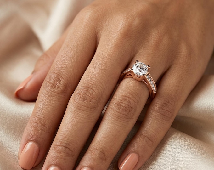 Rose Gold Round Cut Lab Diamond Engagement Ring, Pavé Band Solitaire Promise Ring