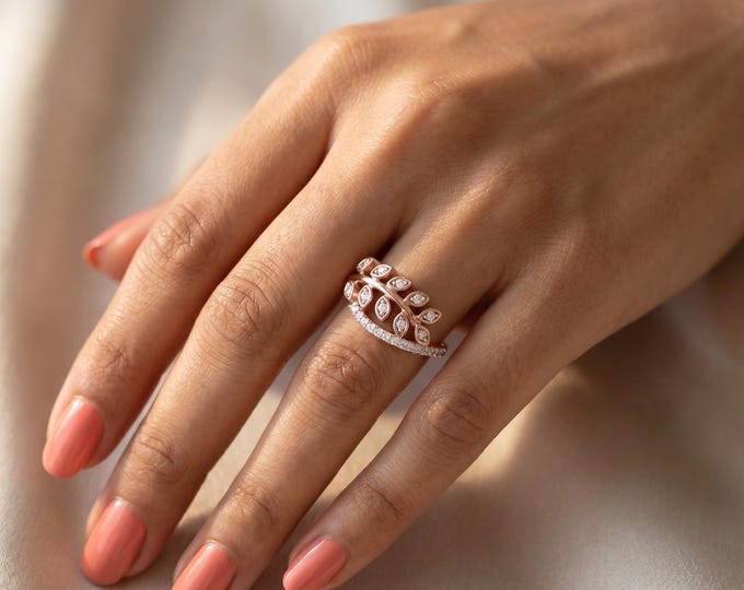 14K Rose Gold Lab Grown Diamond Leaf Ring, Nature Inspired Vine Ring, Curved Diamond Band, Stackable Wedding Ring Gift for Her