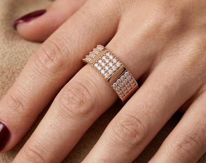 10K / 14K / 18K Gold Lab Grown Diamond Mens Ring, Wide Band Cluster Diamond Ring, Geometric Statement Wedding Band, simple wedding band