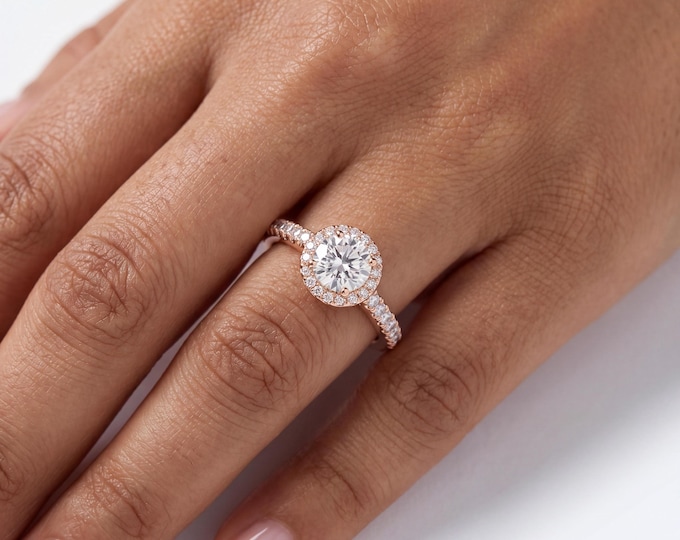 Halo Engagement Ring Round Cut, Brilliant Center Stone, Pave Band Rose Gold, Bridal Jewelry, Proposal Gift for Her, Minimal Elegant Style