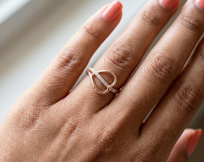 14K Rose Gold Lab Grown Diamond Heart Infinity Ring, Minimalist Dainty Love Ring, Elegant Promise Ring Gift Jewelry for Women