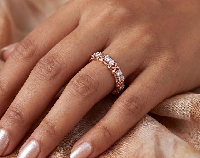 14K Rose Gold Diamond Eternity Ring, Unique Geometric Band, Lab Grown Diamond Ring, Statement Wedding Band, Anniversary Gift