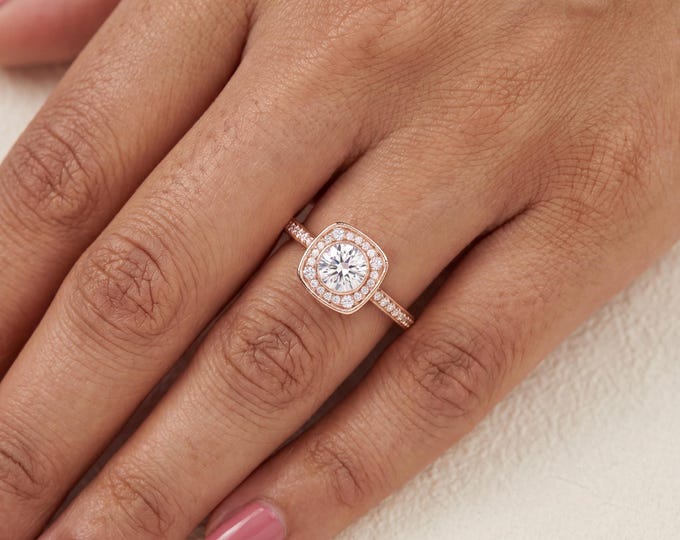 Cushion Halo Engagement Ring, Vintage Milgrain Style, Round Cut Center, Rose Gold Bridal Jewelry,bezel set ring, Unique Promise Ring Gift