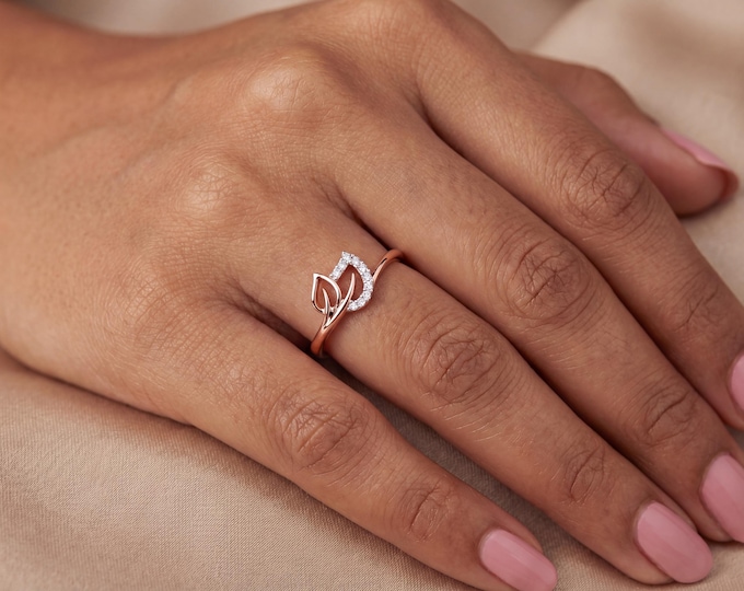 14K Rose Gold Lab Grown Diamond Leaf Ring, Nature Inspired Diamond Ring, Dainty Curved Band, Minimalist Gift for Women