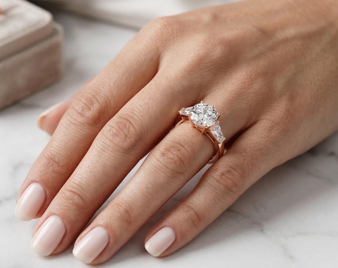 Lab Grown Diamond Three Stone Engagement Ring, Rose Gold Round Cut Bridal