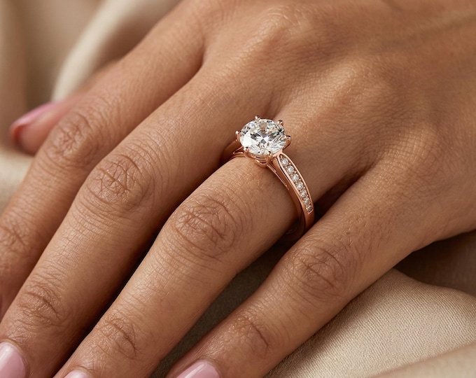 Lab Grown Diamond Engagement Ring, Rose Gold Pavé Band, Round Solitaire Bridal Ring