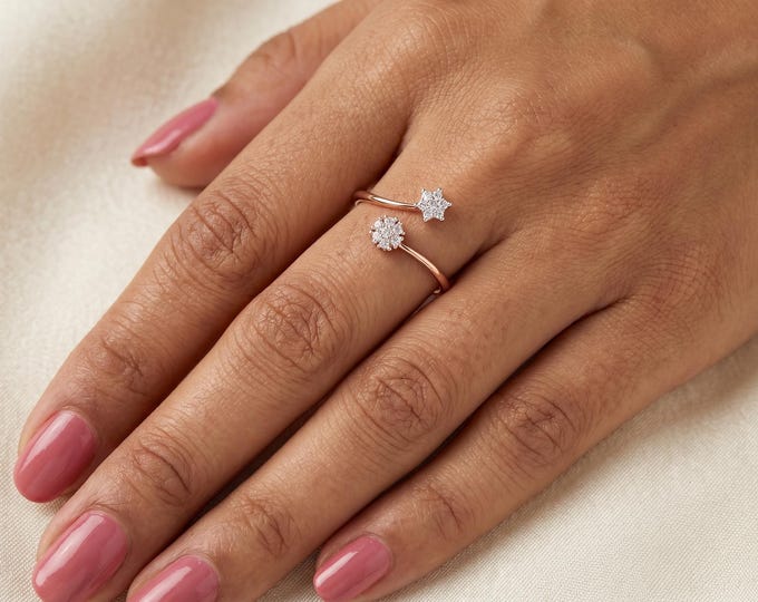 10K 14K 18K Gold Silver Lab Grown Diamond Open Adjustable Floral Ring for Women, Double Flower Ring, Dainty Minimalist Jewelry Gift