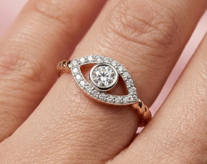 Evil Eye Diamond Ring, Marquise Halo Ring, Protection Ring Rose Gold, Minimal Diamond Ring, Dainty Evil Eye Ring for Women