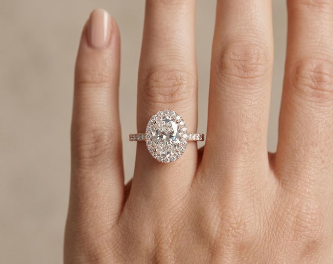 Oval Lab Grown Diamond Halo Engagement Ring, Pavé Band, Sustainable Bridal Jewelry