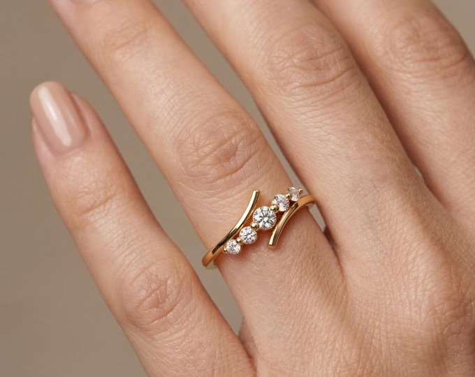 18K Gold Lab Grown Diamond Curved Ring, Minimalist Diamond Band, Marquise Style Stacking Ring, Dainty Promise Ring Gift for Women