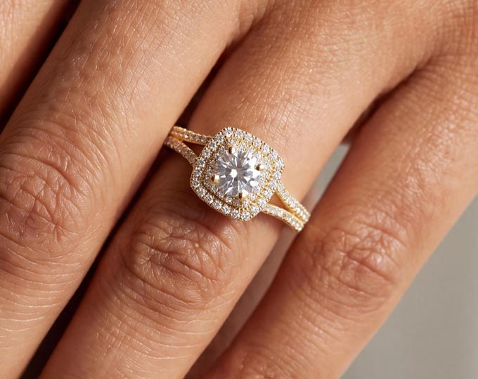 Double Halo Engagement Ring, Cushion Frame Bridal Jewelry, Split Shank Pave Band, Lab Grown Diamond Yellow Gold Vintage Inspired Promise