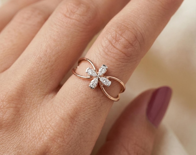 Infinity Diamond Ring, Floral Diamond Ring, Dainty Gold Ring, Infinity Flower Ring, Minimalist Diamond Ring, Promise Ring, Gift for Her