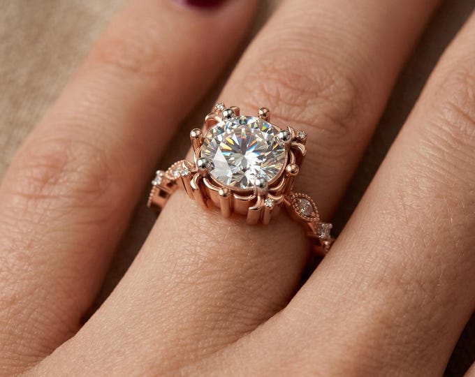 Vintage Diamond Engagement Ring, Floral Halo Ring, Round Cut Diamond Ring, Rose Gold Engagement Ring, Unique Bridal Ring for Women