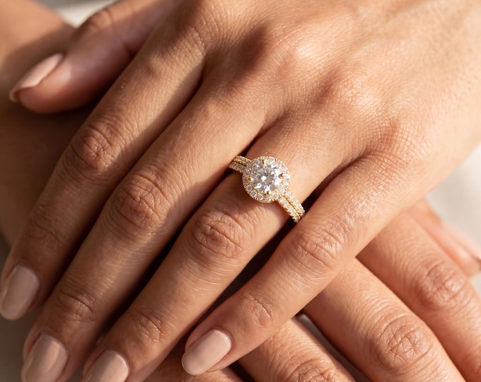 Yellow Gold Halo Engagement Ring Round Cut, Double Pave Band Milgrain Detail, Vintage Bridal Jewelry, Elegant Proposal Gift for Her