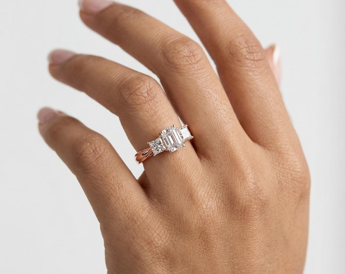 Three Stone Emerald Cut Lab Diamond Engagement Ring, Rose Gold Princess Side Stones