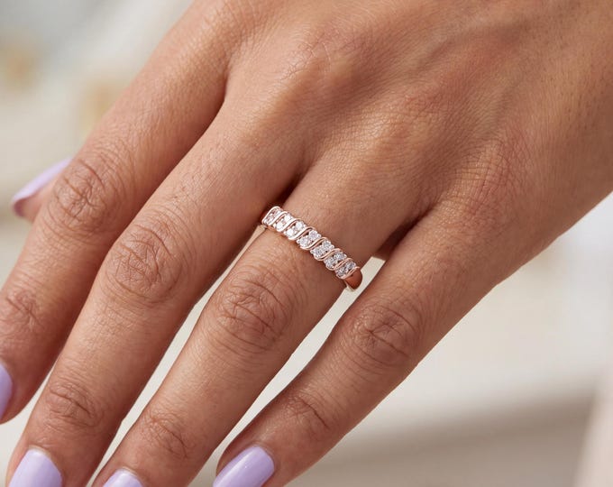 14K Rose Gold Lab Grown Diamond Curved Band Ring, Wave Cluster Diamond Ring, Minimalist Stackable Ring, Elegant Gift Jewelry Women