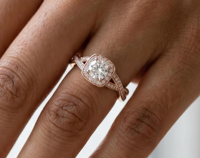Twisted Engagement Ring, Cushion Halo Bridal Jewelry, Split Shank Pave Design, Rose Gold Promise Ring, Dainty Statement Promise Ring