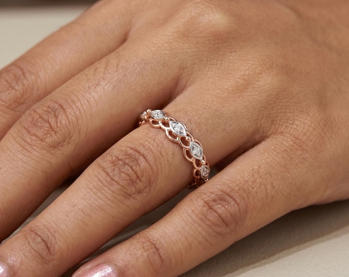 14K Rose Gold Marquise Diamond Ring Vintage Inspired Dainty Band Minimalist Lab Grown Diamond Ring Gift for Her Elegant Jewelry