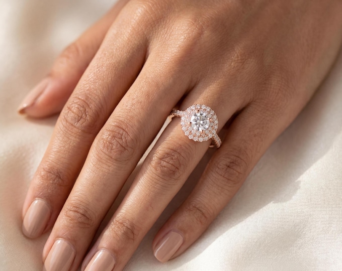 Double Halo Engagement Ring Round Cut, Pave Band Rose Gold, Vintage Inspired Bridal Jewelry, Proposal Gift for Her, Elegant Statement Style