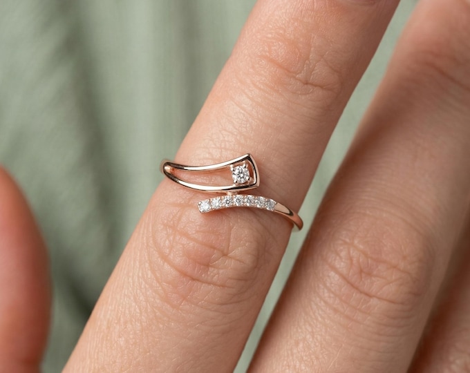 Modern Double Band Ring, Curved Diamond Ring, Minimalist Gold Ring, Asymmetrical Ring, Dainty Stacking Ring, Unique Gold Ring, Gift for Her