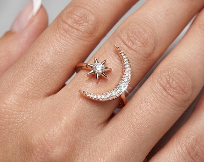 Moon Star Diamond Ring, Celestial Ring, Crescent Moon Ring, Starburst Diamond Ring, Dainty Gold Ring, Gift for Her