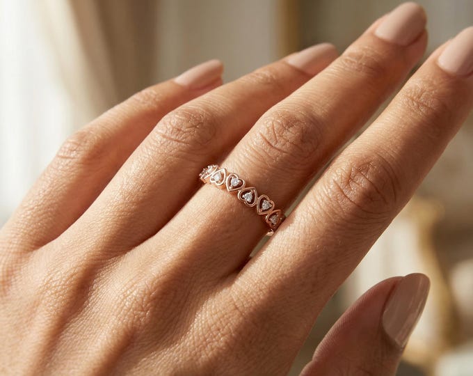 14K Rose Gold Lab Grown Diamond Heart Band Ring, Dainty Romantic Stackable Ring, Minimalist Love Gift Jewelry for Women Daily Wear