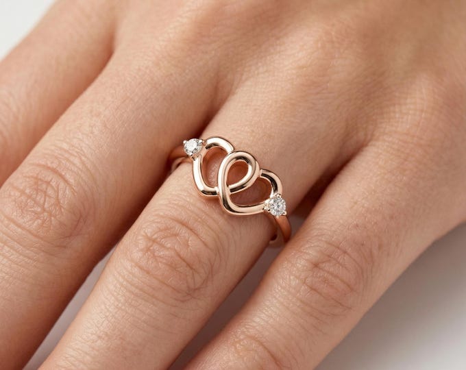 Heart Diamond Ring, Double Heart Ring, Love Promise Ring, Romantic Gold Ring, Minimal Diamond Ring, Gift for Her